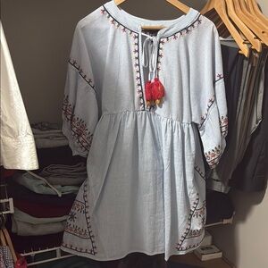 Forever 21 Embroidered Blue Dress with Red Accents